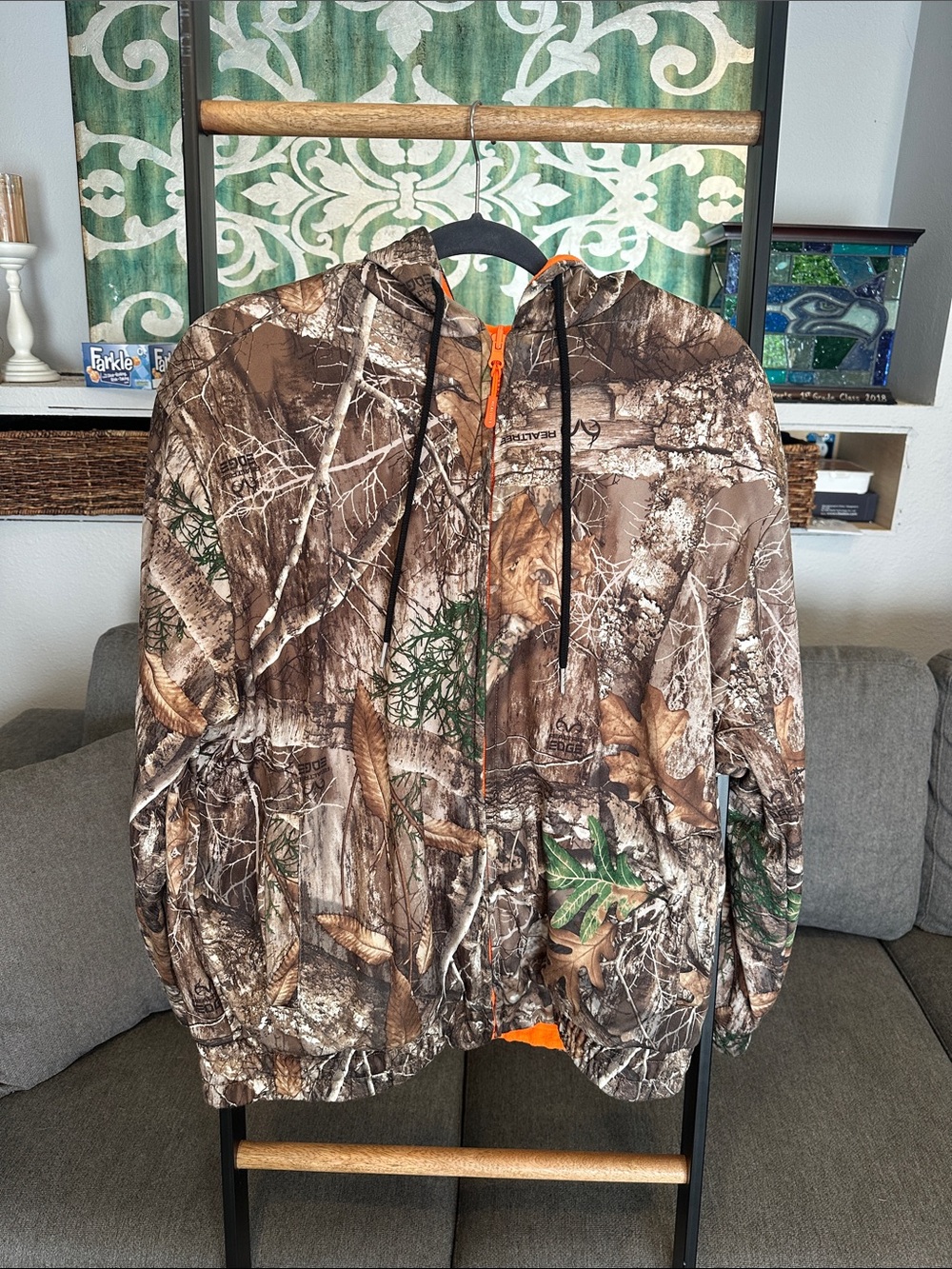 Realtree Camouflage Hooded Jacket - Brown/Green with Orange Accent
